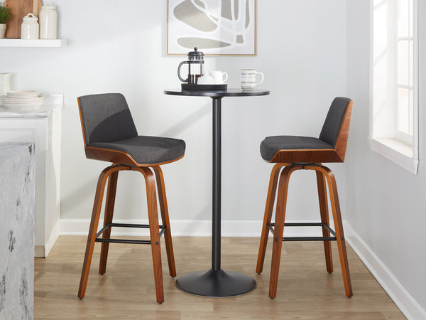English Elm Fixed-height Swivel Barstools Mid-century Walnut Legs Charcoal Upholstered Seat Set of 2 B202S02155