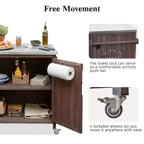 English Elm K&k Rolling Outdoor Kitchen Island Solid Fir Wood Stainless Steel Top Storage Cabinet Dark Brown N707P370287Z