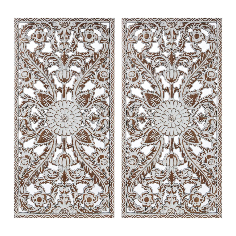 English Elm 2 Pcs Botanical Wall Panels - Distressed Carved Wood Decor Set For Vintage-Inspired Interiors B035P366543