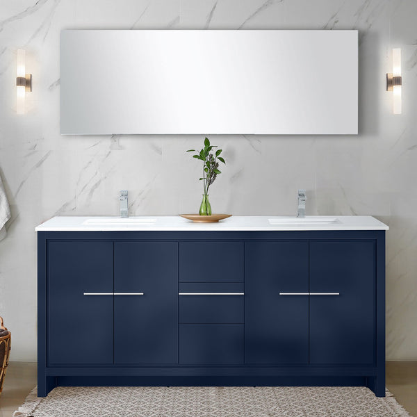 English Elm Navy Blue Double Bath Vanity With Cultured Marble Top, Chrome Faucet & 70" Mirror - Stylish Storage! B2731S01745