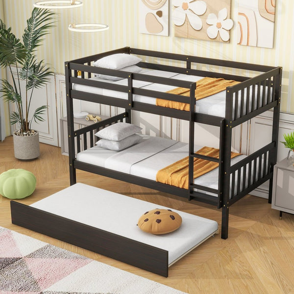 English Elm Twin Over Twin Rubberwood Bunk Bed With Trundle - Space-Saving Design, Espresso Finish, Safety Features W504S00158-GIGA
