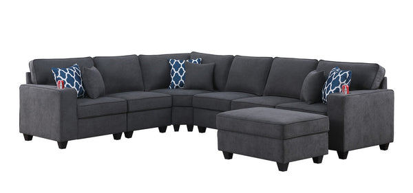 English Elm Cristiano Seven Piece Woven Fabric Sectional Sofa with Ottoman and Built in Cupholders B2749S00109