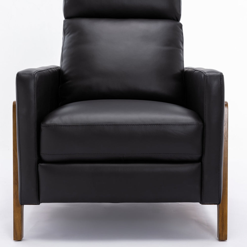 English Elm Richland Mid-Century Top Grain Leather Push Back Recliner with Exposed Wood Frame and Coil Seating Black B050P366074