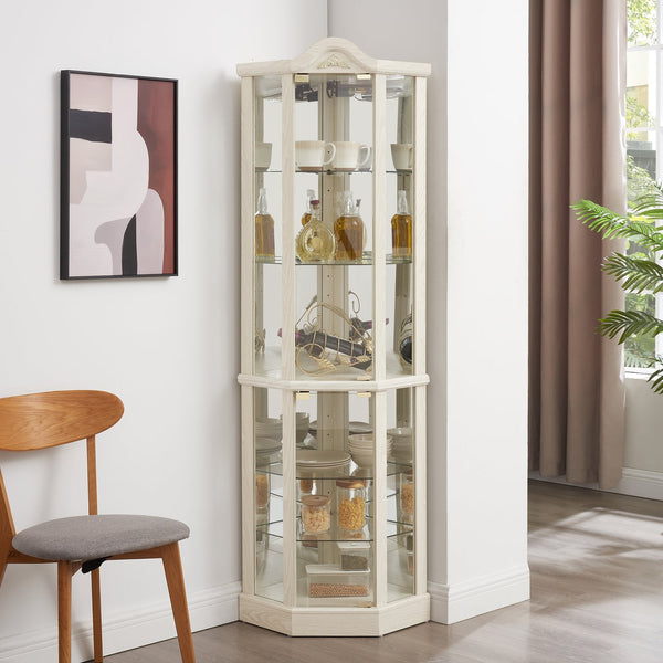 English Elm Glass Corner Curio Cabinet Lighted Dark Wood Display with Carved Crown Floral Detail White W2275P292644