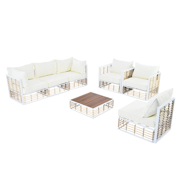 English Elm TOPMAX Modern Minimalist 7-Piece Metal Patio Sectional Sofa Set with All-Weather Rattan, Cushions and Coffee Table for Versatile Indoor Outdoor Entertaining White SP100026AAK