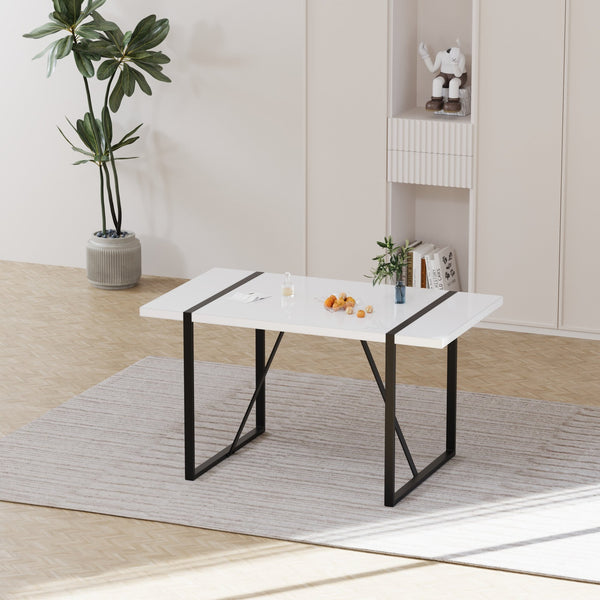English Elm 55 Inch White Mdf Dining Table with Black Metal Legs Seats Six Industrial Farmhouse W2189P242109