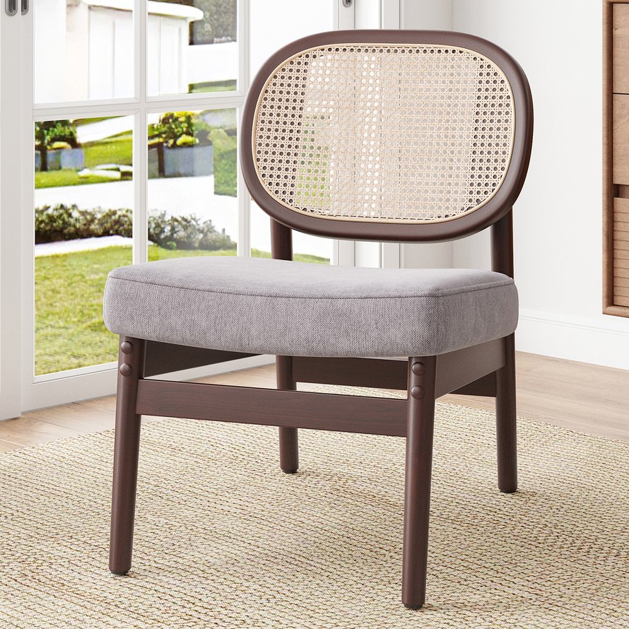 English Elm Rattan Mid-Century Accent Chair with Handcrafted Rattan Back, Solid Wood Frame, Comfortable Velvet Seat khaki T3623P409099