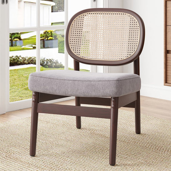 English Elm Rattan Mid-Century Accent Chair with Handcrafted Rattan Back, Solid Wood Frame, Comfortable Velvet Seat khaki T3623P409099