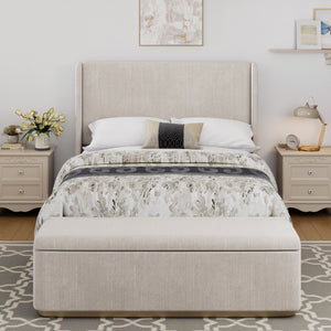 English Elm Queen Corduroy Upholstered Bed with 130L Storage Ottoman, Vertical Stripe Wingback Headboard, Light Grey - Durable Metal Frame and Wooden Slats BS701P201393E