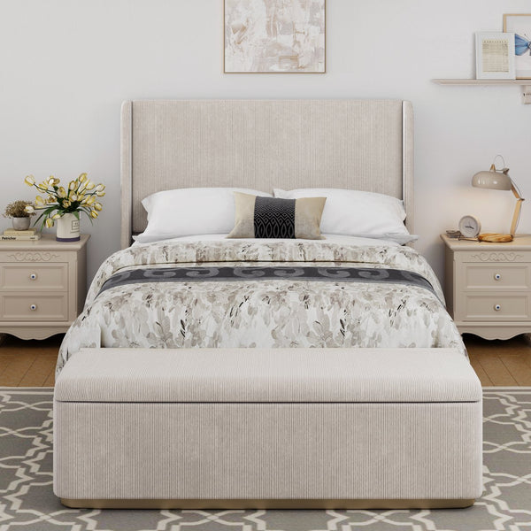 English Elm Queen Corduroy Upholstered Bed with 130L Storage Ottoman, Vertical Stripe Wingback Headboard, Light Grey - Durable Metal Frame and Wooden Slats BS701P201393E