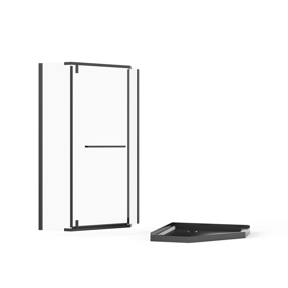 English Elm Goodyo Neo-angle Frameless Corner Shower Enclosure with Matte Black Acrylic Base Combo W1223S00044
