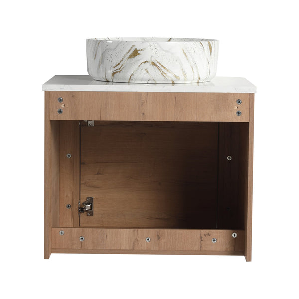 English Elm 24'' Wall-Mounted Bathroom Vanity With Ceramic Vessel Sink, Soft-Close Door & Space-Saving Design W999S00394