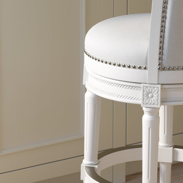 English Elm 26in. Wood High-back Swivel Barstool Farmhouse Style Nailhead Upholstered Kitchen Seat White B2751P436429