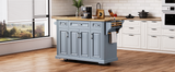 English Elm K&K 54Inch Large Kitchen Island With Rubber Wood Drop Leaf, Embossed Texture Rolling Kitchen Cart On 4 Wheels With 4 Doors and 3 Drawers, Kitchen Island With Storage For Kitchen, Dining Room,Grey Blue