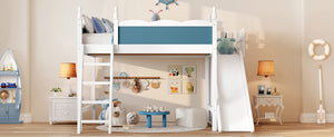 English Elm Twin Loft Bed Solid Pine Frame with Wardrobe Shelving Detachable Slide Kids Room White+Blue W5305S00024