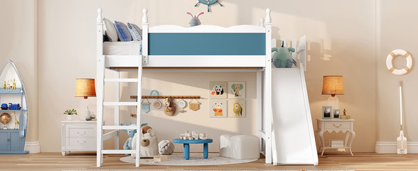 English Elm Twin Loft Bed Solid Pine Frame with Wardrobe Shelving Detachable Slide Kids Room White+Blue W5305S00024