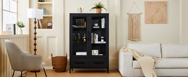 English Elm 60'' Tall Display Cabinet with LED Lighting, Tempered Glass Doors, 4 Adjustable Shelves & Drawers Black N845P261801B