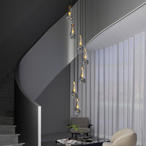 English Elm 7 Modern Raindrop Chandelier with 7 Glass Shades, Adjustable Height Semi-Flush Mount for Dining Room Gold W2312P389957