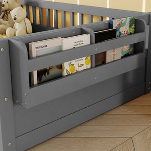 English Elm Twin Montessori Floor Bed Frame with High Rails and Built-In Light Shelf for Safe Independent Sleep Grey 79.13 L x 13 W x 6.3 H W2593P333797