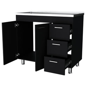 English Elm Wenge Finish Base Kitchen Cabinet with Two Doors Three Drawers and Faucet Ready Top B062S00566