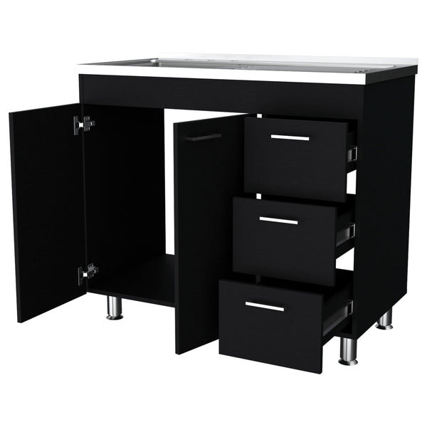 English Elm Wenge Finish Base Kitchen Cabinet with Two Doors Three Drawers and Faucet Ready Top B062S00566