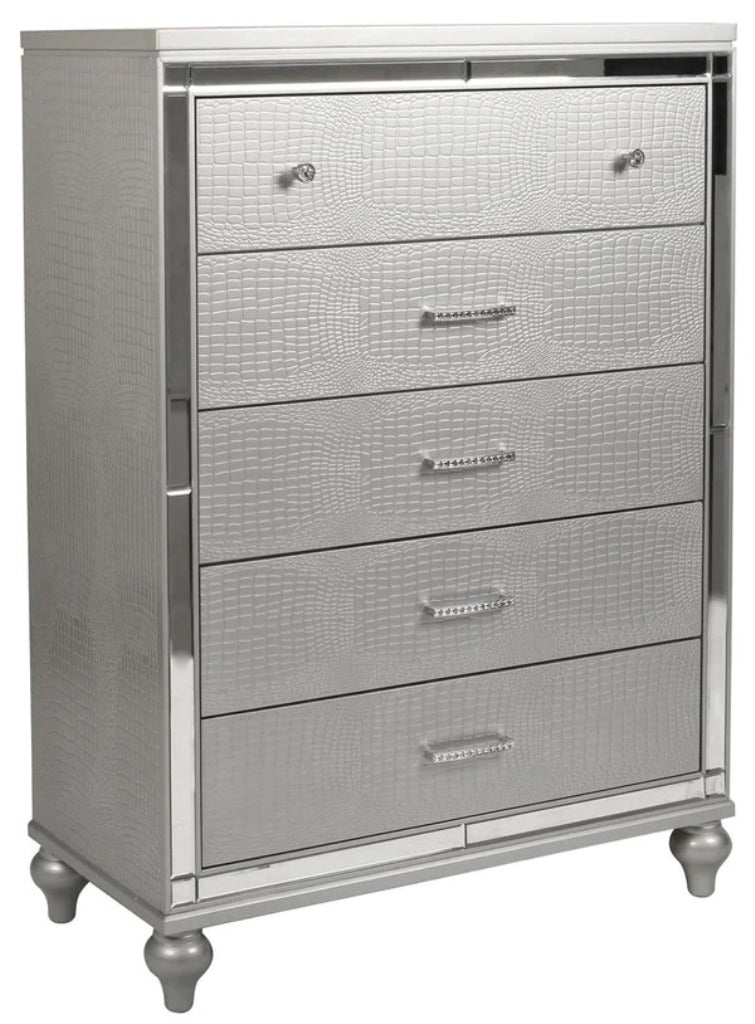 English Elm Glam Silver Five Drawer Chest with Snakeskin Embossed Fronts and Sculptural Gourd Legs B011P448867