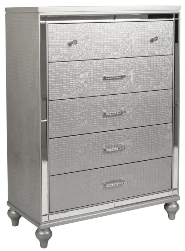 English Elm Glam Silver Five Drawer Chest with Snakeskin Embossed Fronts and Sculptural Gourd Legs B011P448867