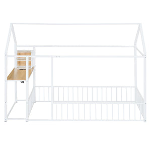 English Elm Twin House Bed Frame with Roof & Fence, Metal Twin Loft with Built-In Desk Shelves USB Outlets White N737P173490K