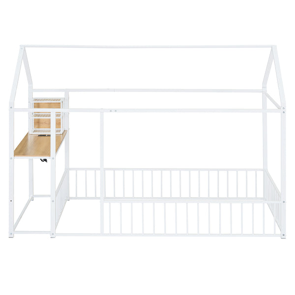 English Elm Twin House Bed Frame with Roof & Fence, Metal Twin Loft with Built-In Desk Shelves USB Outlets White N737P173490K