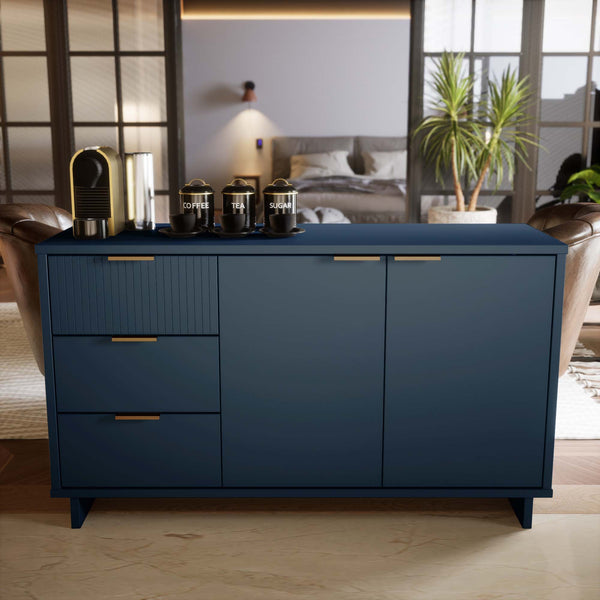 English Elm Granville 55" Sideboard with Solid Wood Ribbed Drawers, Gold Steel Handles & 3 Concealed Shelves Dark Blue B365S00117
