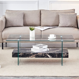 English Elm Rectangular Two Tier Glass Coffee Table with Marble Shelf for Modern Living Rooms W2920P226071