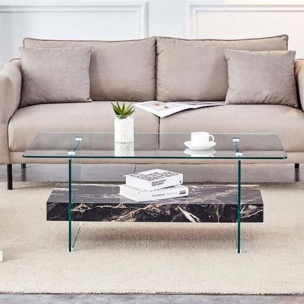 English Elm Rectangular Two Tier Glass Coffee Table with Marble Shelf for Modern Living Rooms W2920P226071