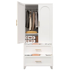 English Elm 71" Tall Metal Wardrobe Cabinet with 2 Drawers, Adjustable Shelf & Hanging Rod — Space-Saving White Closet Organizer W3387P351602