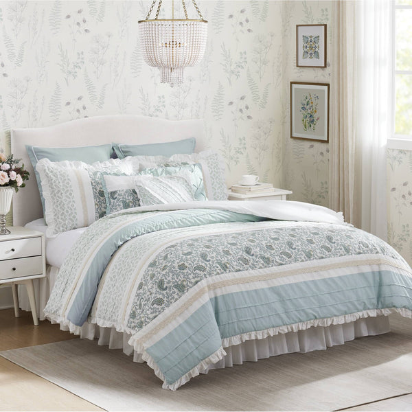JLA Home Madison Park - 9 Piece Cotton Percale Comforter Set Madison Park Dawn – Paisley, Lace Tape & Pintuck Accents, OEKO-TEX Certified Cozy Cottage Ensemble MP10-388