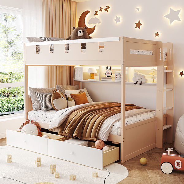 English Elm Full Size Castle Bunk Bed with Led Lighting Built in Shelf and Storage Drawers White LT000159AAK