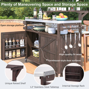 English Elm K&K 53.3" Outdoor Kitchen Island with 1.2" Stainless Top, Spacious Storage, Raised Shelf, Wheels Brown N707P250628Z