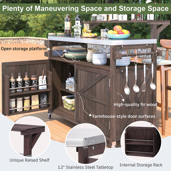 English Elm K&K 53.3" Outdoor Kitchen Island with 1.2" Stainless Top, Spacious Storage, Raised Shelf, Wheels Brown N707P250628Z