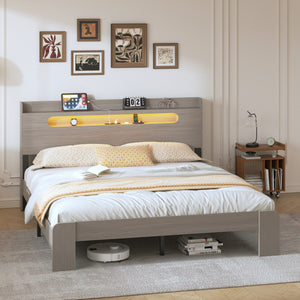 English Elm Bed Frame Queen Size - Modern Wood Platform With Led Headboard, Usb Ports & Spacious Under-Bed Storage W636P210857