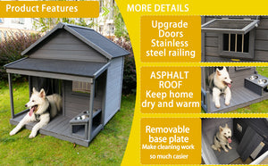 English Elm Large Breed Outdoor Doghouse Solid Fir Wood Covered Porch Weatherproof Asphalt Roof W1431S00005