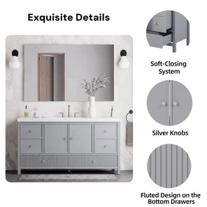 English Elm 60" Freestanding Bathroom Vanity Fluted Fronts Soft Close Drawers Drop-in Sink Blue Gray N817P404100B