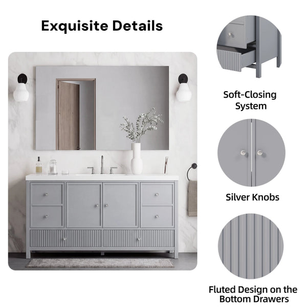 English Elm 60" Freestanding Bathroom Vanity Fluted Fronts Soft Close Drawers Drop-in Sink Blue Gray N817P404100B
