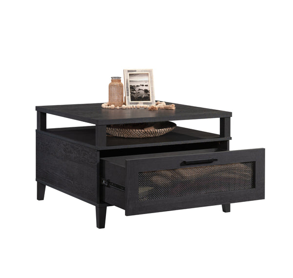 English Elm Coffee Coffee Table with Gold-Tone Accents and Two Drawers for Stylish Living Room Storage and Decor Black B356P402597