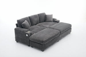 English Elm Corduroy Upholstered Chaise Lounge Sofa with Movable Ottoman, Cup Holder, Deep Seat Comfort Grey W2120S00007