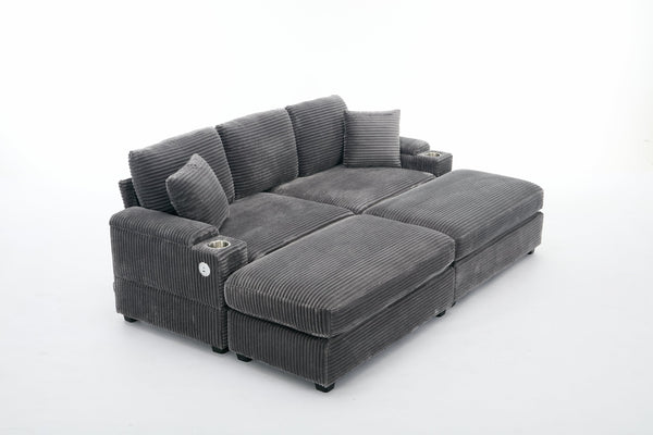 English Elm Corduroy Upholstered Chaise Lounge Sofa with Movable Ottoman, Cup Holder, Deep Seat Comfort Grey W2120S00007