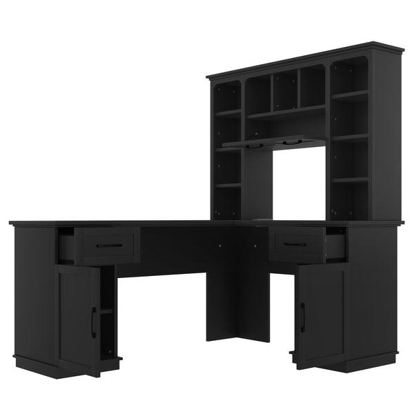 English Elm L-shaped computer desk with ample storage 11 shelves, 3 cabinets, 2 drawers, flip-up shelf for workspaces Black W1580S00189
