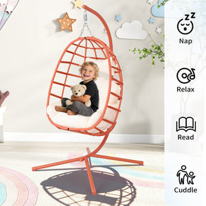 English Elm Egg Hanging Chair with Stand Pe Rattan Swing Seat Washable Cushion Patio Bedroom T5880P497444
