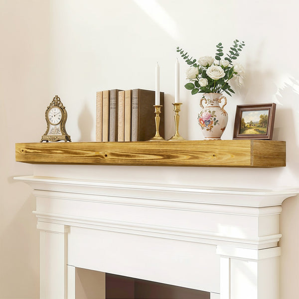 English Elm 60" Solid Pine Floating Mantel Shelf with Concealed Brackets for Rustic Living Rooms Natural Wood+Brown W3204P429120