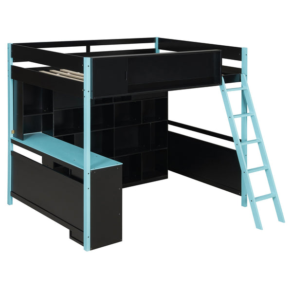 English Elm Full Size Gaming Loft Bed with Led Lighting Desk Drawers and Display Shelving Blue LT000263AAC