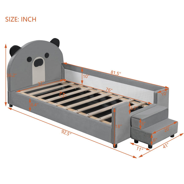 English Elm Twin Velvet Daybed Bear Headboard Hydraulic Storage Kids Bedroom Frame Gray SF000129AAE