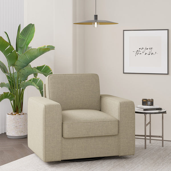 English Elm Swivel Linen Accent Chair 36" Wide Mid-Century Modern Ergonomic Back 360° Rotation Beige Sofa T3950P387637